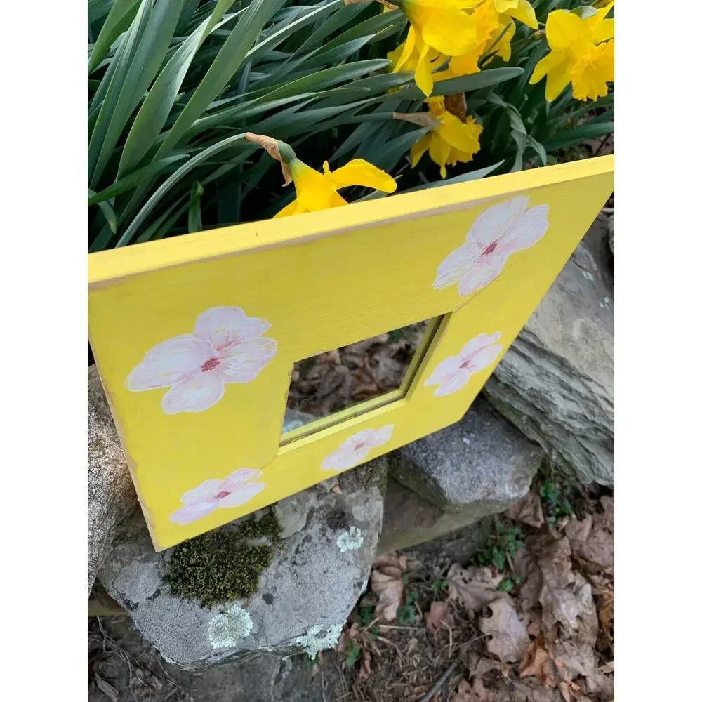 Handpainted ReFab Mirror Wall 10 x 10 Yellow with Dogwood Flowers Wall Hanging